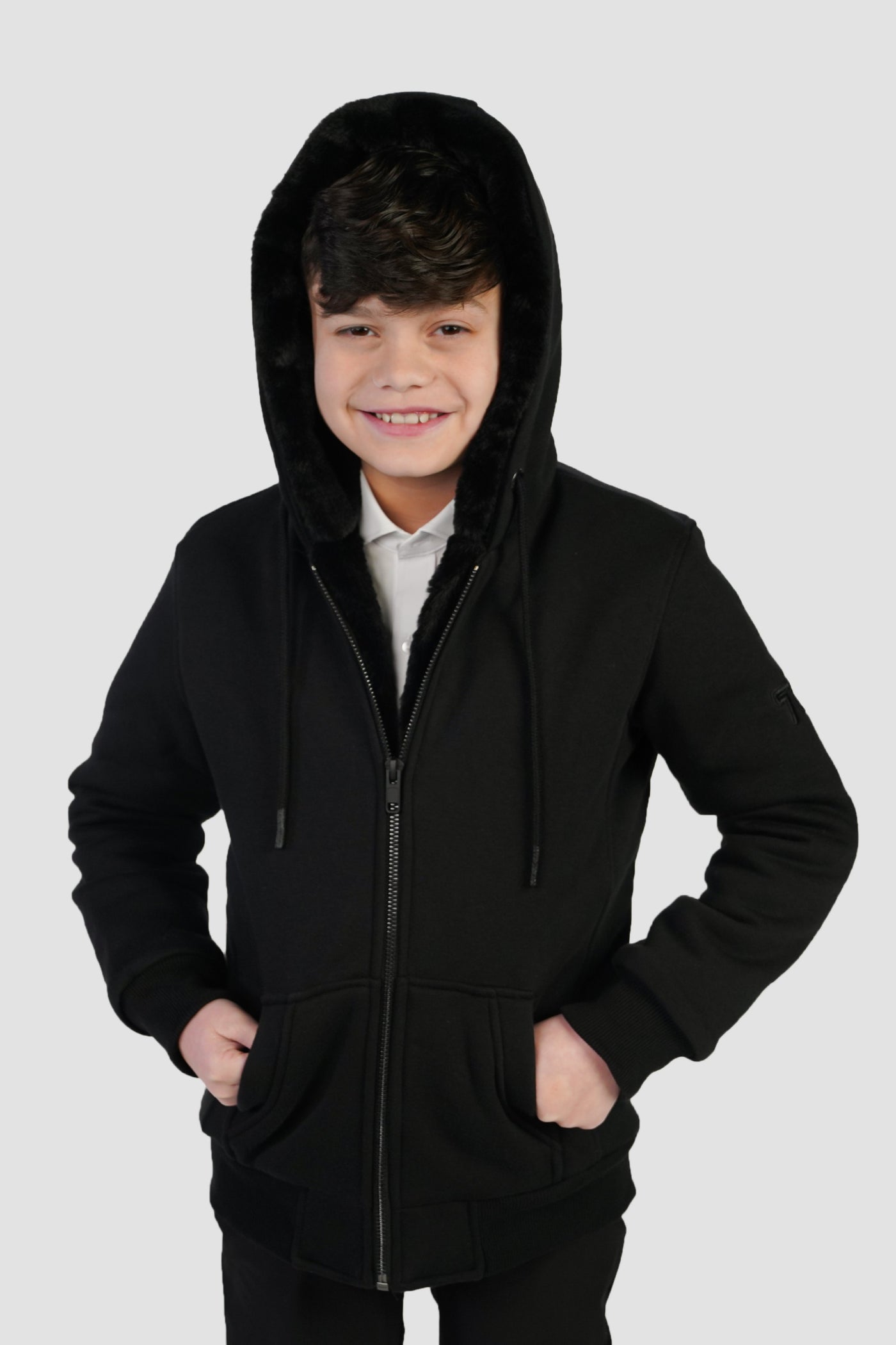 T.O. Collection Boy's Black Hoodie - Black Removable Fur