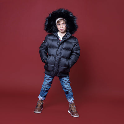 Matte Black Puffer Coat With Fur