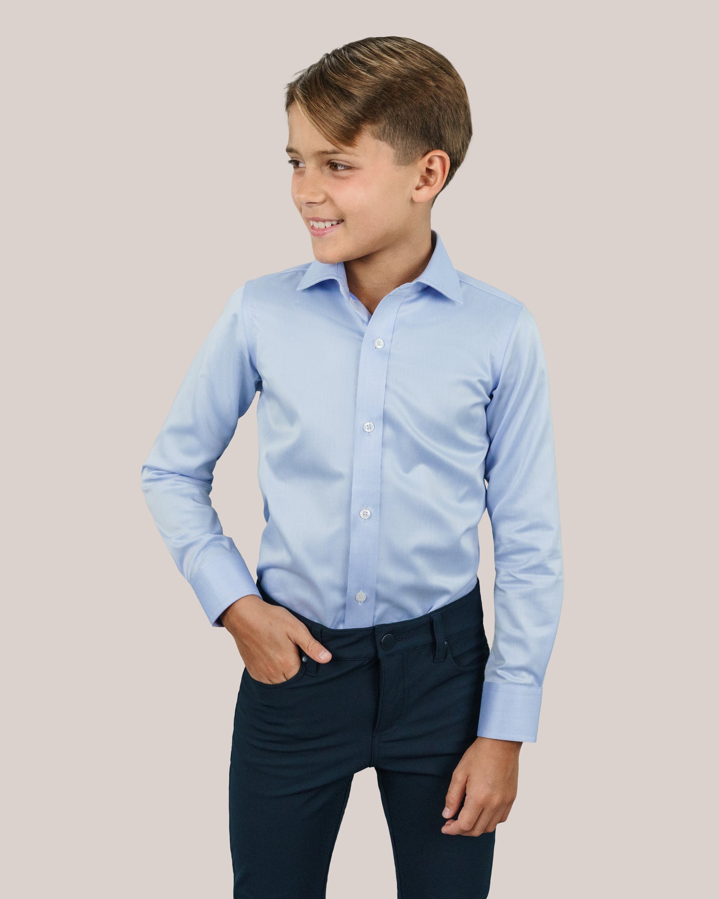 T.O. Collection Boy's Green Label Solid Blue Non Iron Shirt