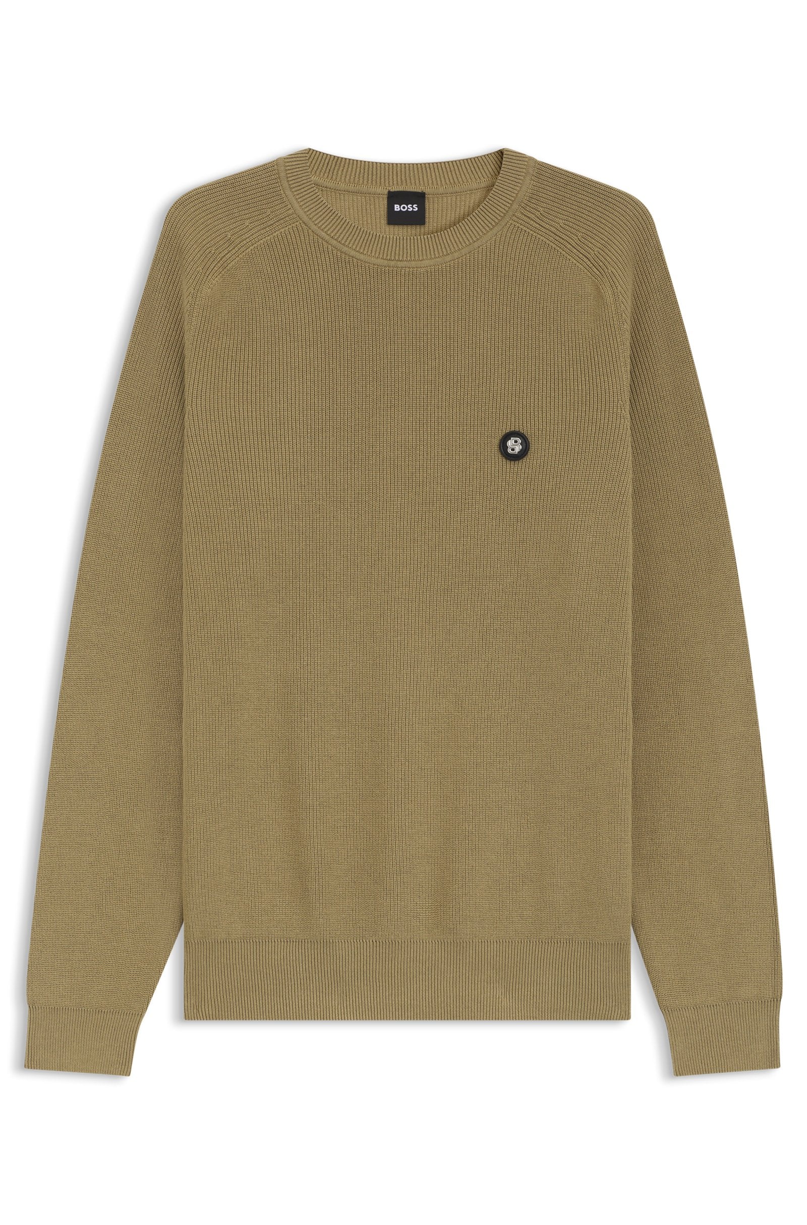 Khaki long-sleeve shirt with a small logo on a white background